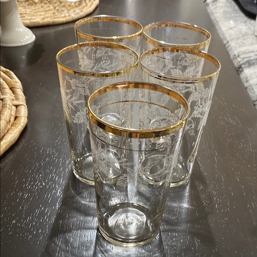 Vintage Bartlett Collins Grape & Vine Gold Trim Set Of 5 Glasses!